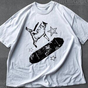 skateboard cat Y2K shirt, 90s aesthetic vintage kitten Y2K t-shirt